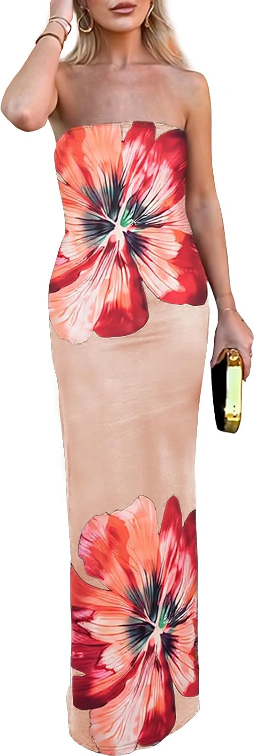 ACOSAP Women Y2k Strapless Maxi Dress Summer Backless Floral Long Tube Dress Off Shoulder Cocktail Party Dress