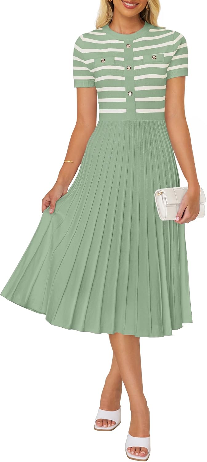 ZESICA Women Striped Crewneck Short Sleeve Elegant Midi Dress | Button, Ribbed Knit Fabric, Pleated A Line Swing, 2026 Trendy, Casual Beach Vaction, Work Business, Formal Classy Church