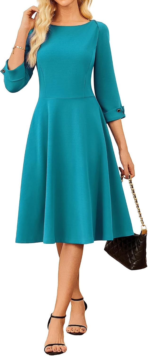 GRACE KARIN Work Dresses for Women Fit and Flare Midi Dress | Side Pockets,3\/4 Sleeve,Crew Neck A Line,2026 Business Classy Office Dresses, Church\/Work Graducation Outfits\/Professional