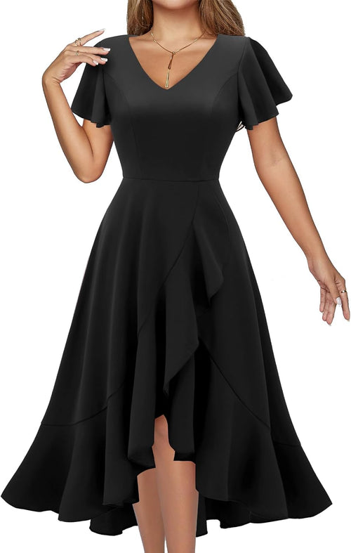 DRESSTELLS Women's Cocktail Dresses 2026, Formal Fall Wedding Guest Dress | A-Line, Hi Low Fit and Flare Midi Dress for Teacher Party Homecoming, Bridesmaid Evening Gown, V-Neck, Ruffle Sleeve