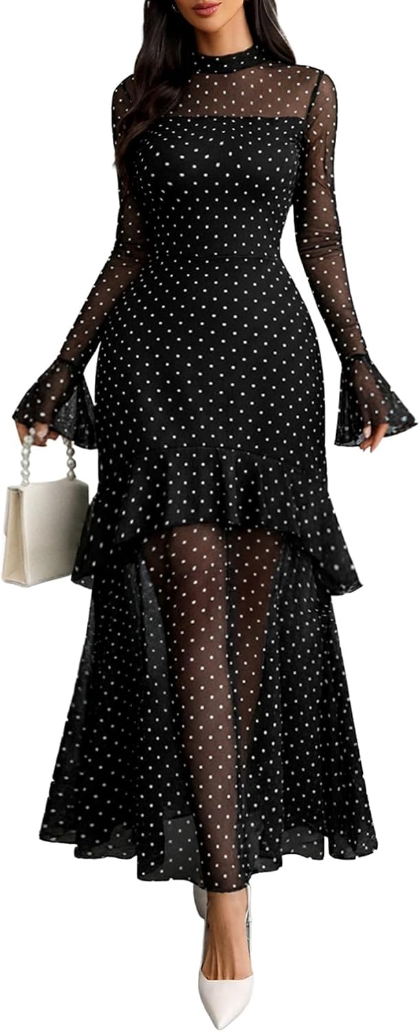 GothDark Women Floral Maxi Dress Bell Sleeve Party Wedding Guest Dresses | Floral Mesh, Tiered Ruffle, Fall Long Sleeve, Casual, Elegant, Date Night, Cocktail, Dinner & Evening Dress