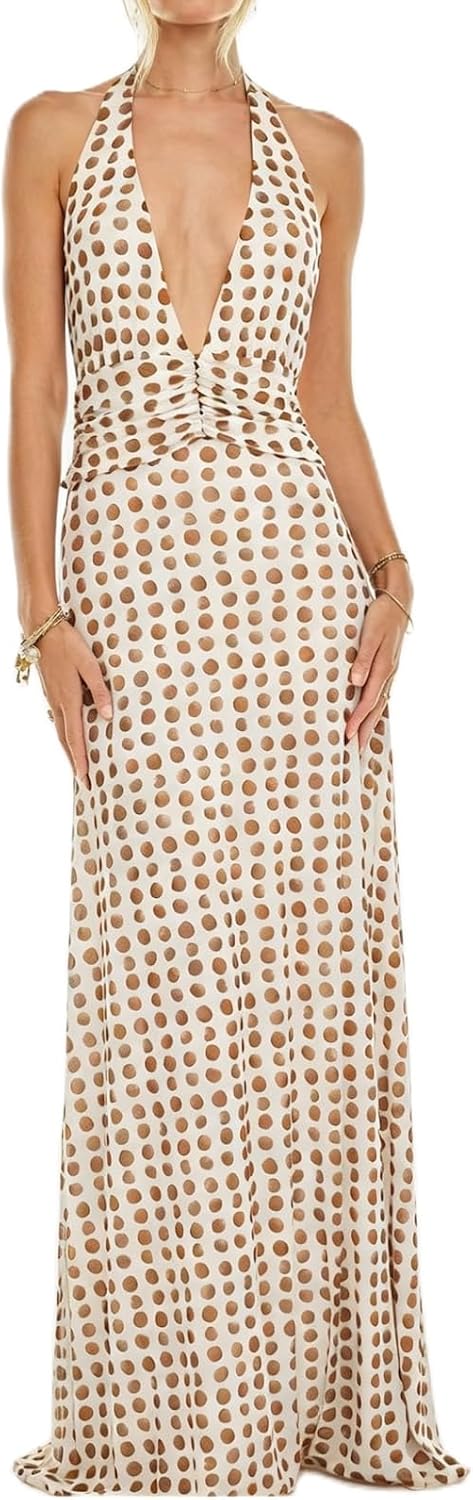 Amiblvowa Women Halter V Neck Maxi Dress Sexy Backless Bodycon Low Cut Long Dress Open Back Cocktail Summer Beach Sundress