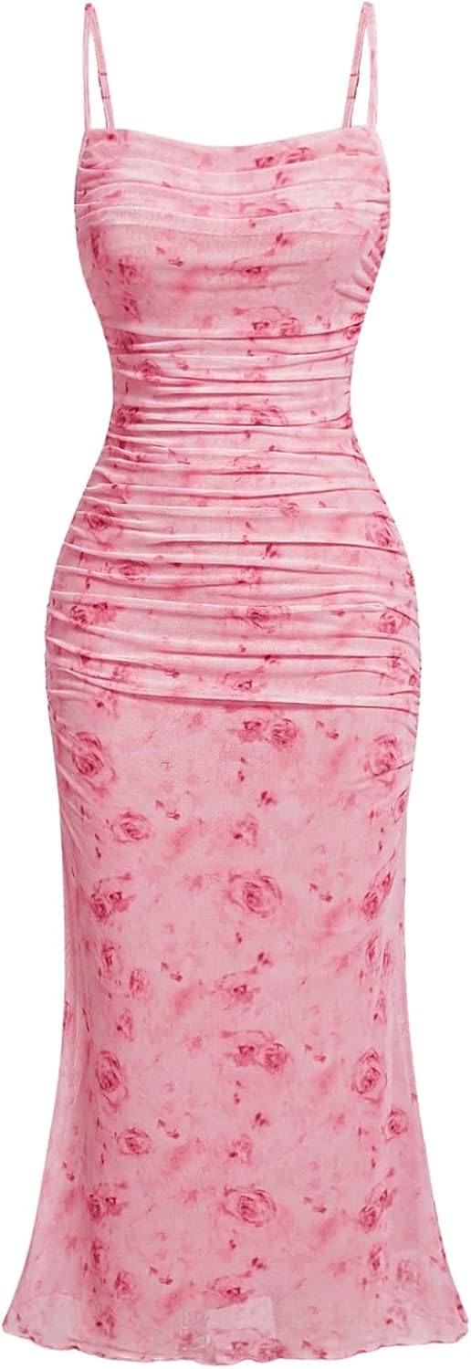 GORGLITTER Women's Floral Wedding Guest Bridal Shower Summer Midi Dresses | Tea Party, Baby Shower, Cocktail Dress, Ruched, Dresses for Women, Sundresses