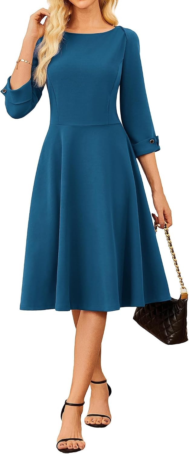 GRACE KARIN Work Dresses for Women Fit and Flare Midi Dress | Side Pockets,3\/4 Sleeve,Crew Neck A Line,2026 Business Classy Office Dresses, Church\/Work Graducation Outfits\/Professional
