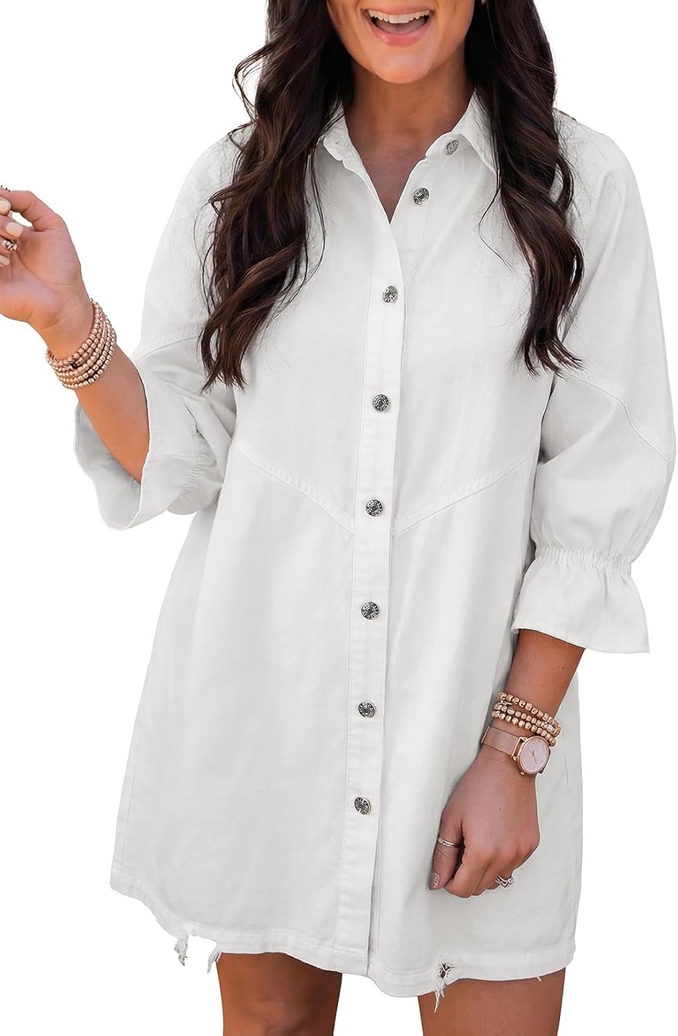 Sidefeel Womens Smocked 3 4 Sleeve Button Down Denim Jeans Dresses