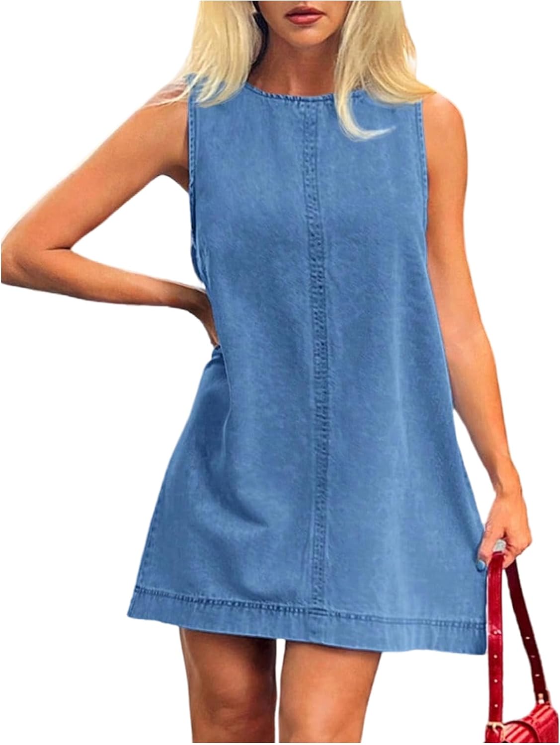 Milumia Women's Crew Neck Sleeveless Jean Denim Mini Dress Concert Outfits | Western, Loose Fit, A-Line, Short Dresses, Summer, Spring, Casual, Country Concert, Cowgirl Outfits