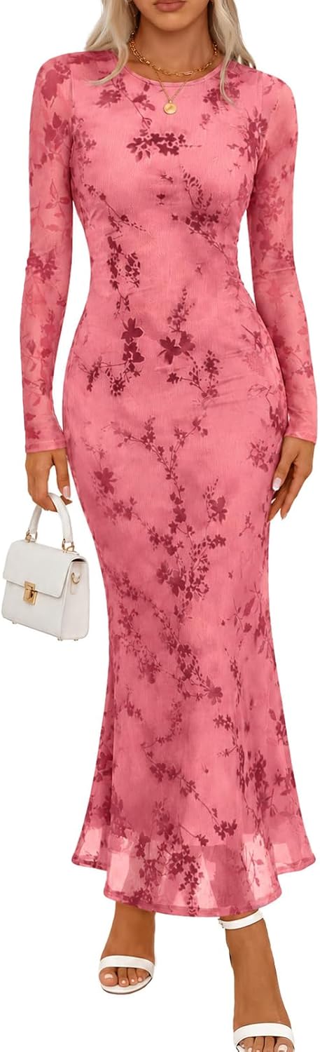 MEROKEETY Womens Fall Velvet Formal Wedding Guest Maxi Dress | Bodycon, Floral, Long Sleeve, Mesh, Round Neck, Formal Cocktail Party Birthday Club Date Night Prom, 2026 Winter Dress