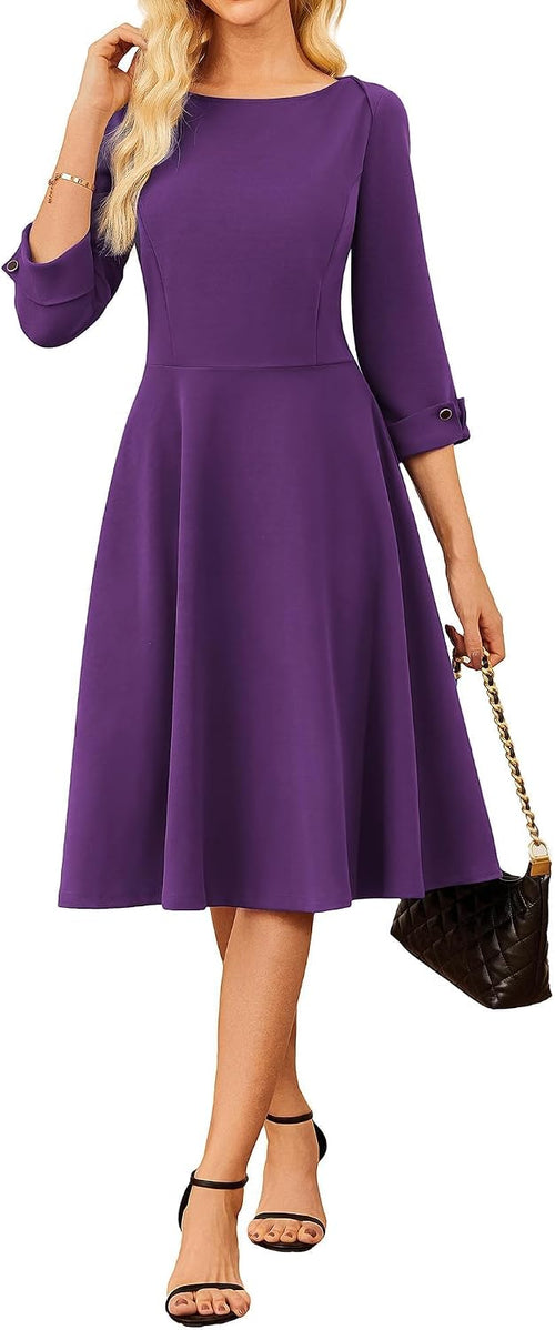 Crew-Neck 3/4-Sleeve A-Line Midi Dress in Purple