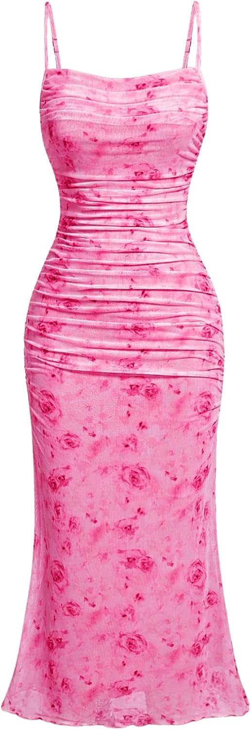 GORGLITTER Women's Floral Wedding Guest Bridal Shower Summer Midi Dresses | Tea Party, Baby Shower, Cocktail Dress, Ruched, Dresses for Women, Sundresses