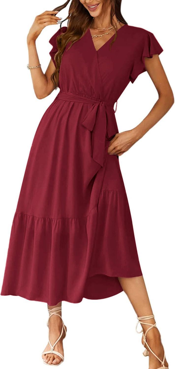 PRETTYGARDEN Women's Summer Floral Boho Maxi Dress | Short Sleeve Wrap V Neck, Long Flowy Ruffle Dresses, Spring Wedding Guest Outfits for Beach Vacation, Resort Wear, Tea Party