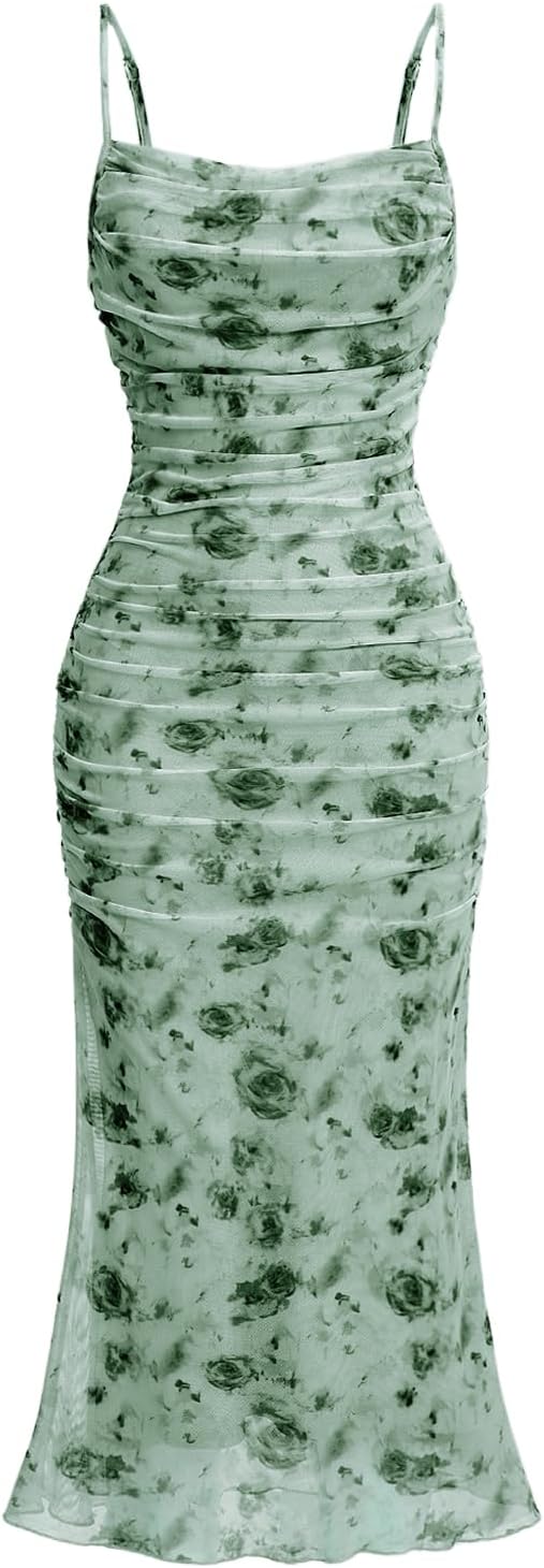 GORGLITTER Women's Floral Wedding Guest Bridal Shower Summer Midi Dresses | Tea Party, Baby Shower, Cocktail Dress, Ruched, Dresses for Women, Sundresses