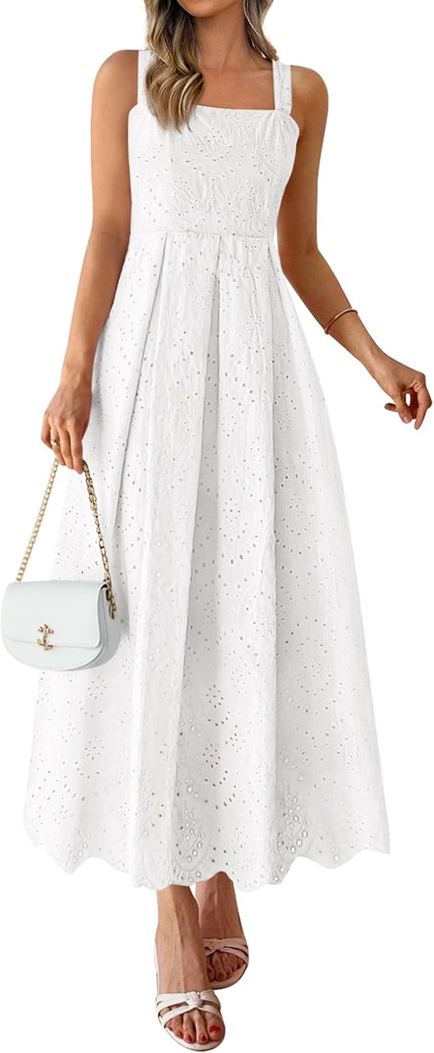 PRETTYGARDEN Womens Sleeveless Eyelet Summer Dresses Pockets | Hollow Out Embroidered Cotton,Adjustable Straps,Square Neck Ruffle Maxi Dress,Smocked back,Flowy Beach Vacation Sundress