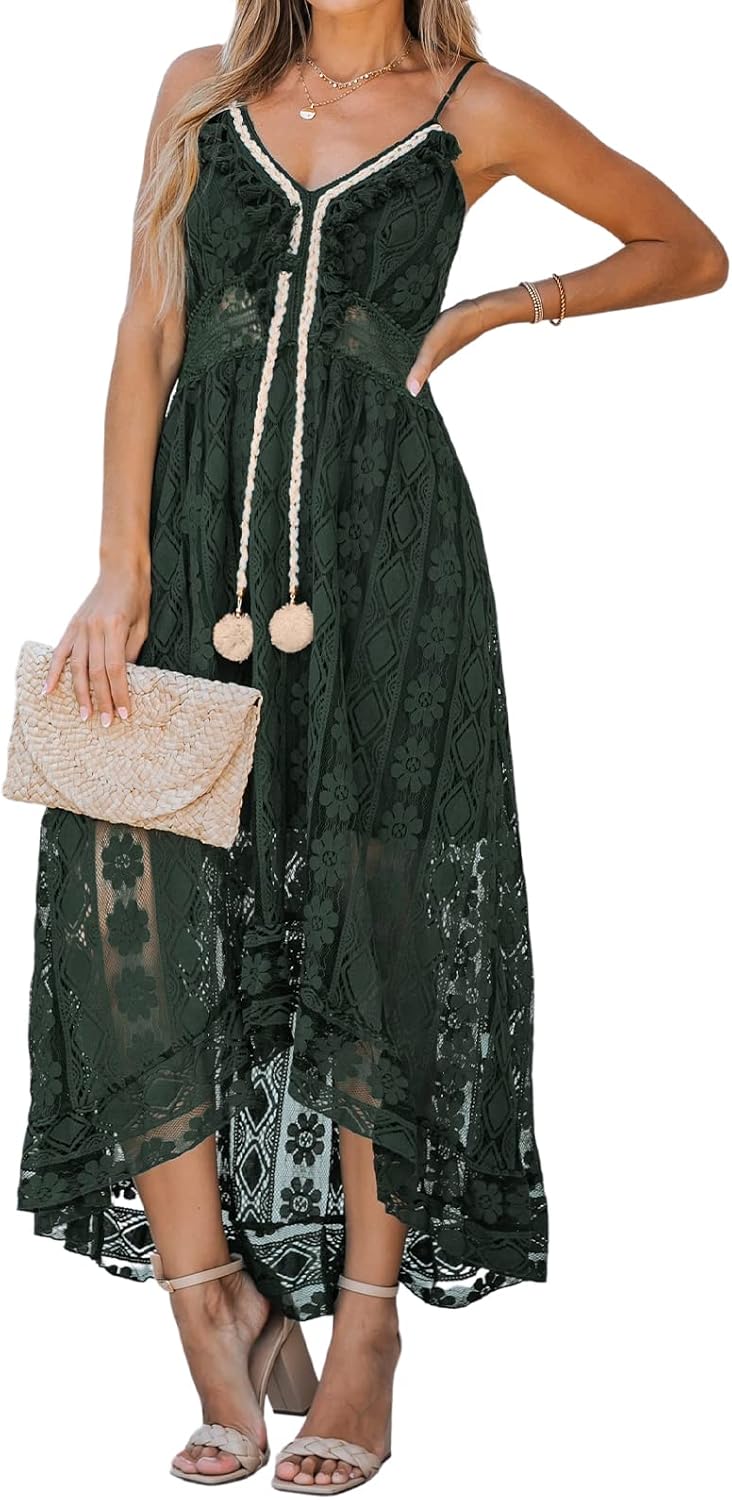 CUPSHE Womens Lace Summer Maxi Dresses 2026 Beach Wear | V Neck Spaghetti Straps Sundress, Tassel, Boho Pom Poms, Flowy Vacation Outfits, Resort Wear, Graduation Wedding Guest Looks