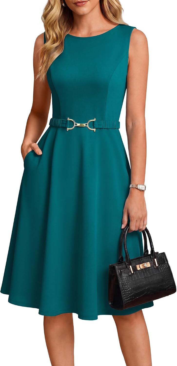 GRACE KARIN Work Business Midi Flowy Sleeveless Dresses for Women | A Line,Belted,Collar Neck,Knee Length,with Pockets Zipper,Business Causal,Office,Church,Funeral,Cocktail,Wedding,Professional