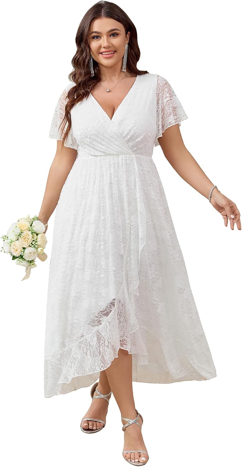 SCOMCHIC Womens Plus Size Wedding Guest Formal Dress | Lace, Wrap V Neck, High Low, Short Sleeve, Cocktail, Maxi Dresses
