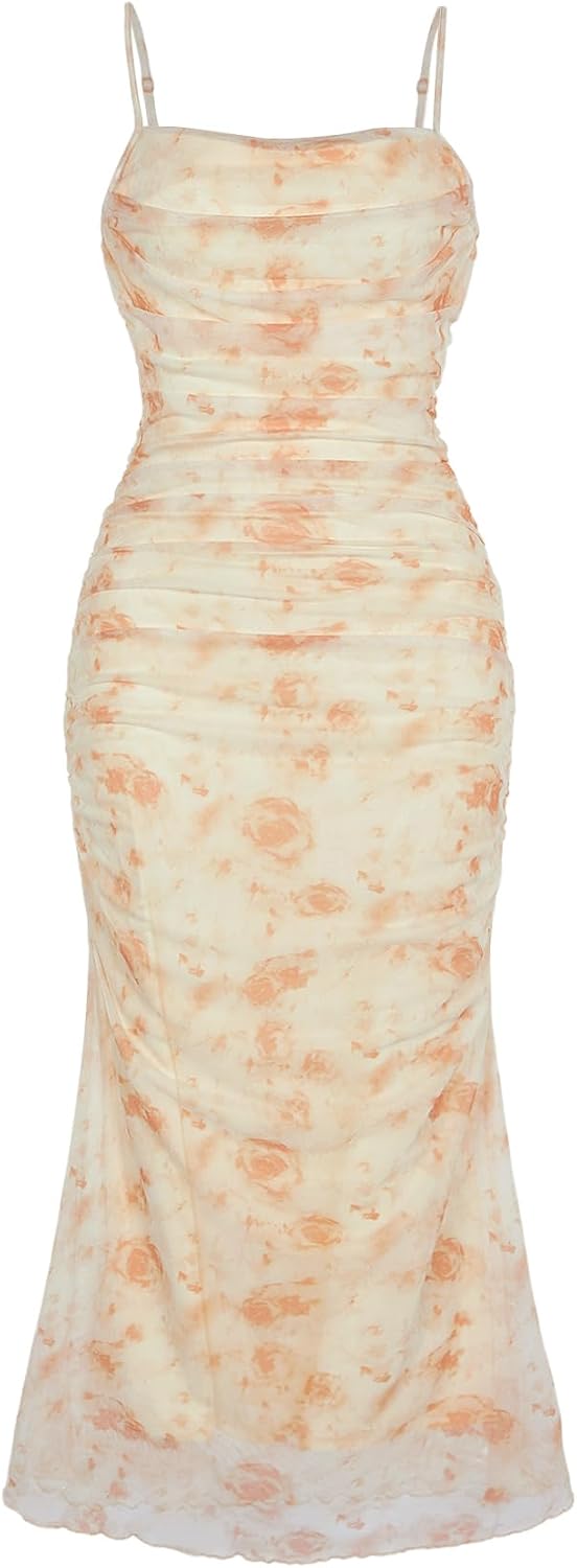 GORGLITTER Women's Floral Wedding Guest Bridal Shower Summer Midi Dresses | Tea Party, Baby Shower, Cocktail Dress, Ruched, Dresses for Women, Sundresses