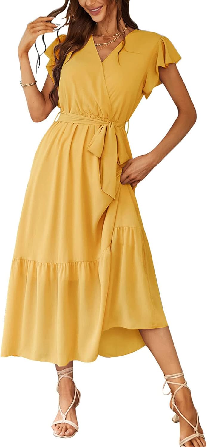 PRETTYGARDEN Women's Summer Floral Boho Maxi Dress | Short Sleeve Wrap V Neck, Long Flowy Ruffle Dresses, Spring Wedding Guest Outfits for Beach Vacation, Resort Wear, Tea Party