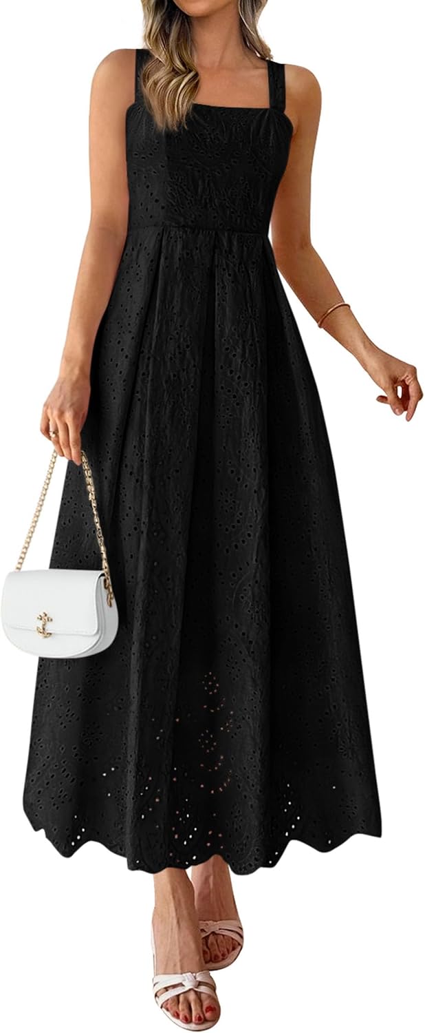 PRETTYGARDEN Womens Sleeveless Eyelet Summer Dresses Pockets | Hollow Out Embroidered Cotton,Adjustable Straps,Square Neck Ruffle Maxi Dress,Smocked back,Flowy Beach Vacation Sundress