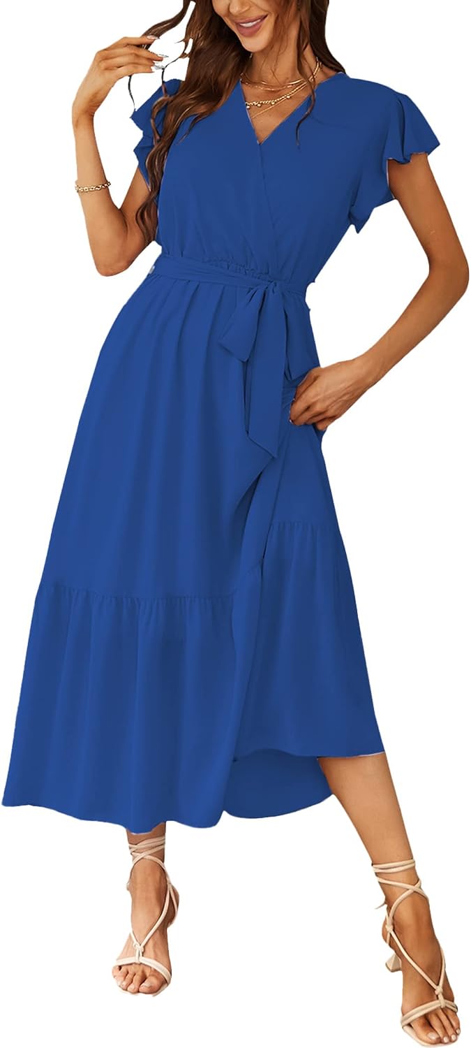PRETTYGARDEN Women's Summer Floral Boho Maxi Dress | Short Sleeve Wrap V Neck, Long Flowy Ruffle Dresses, Spring Wedding Guest Outfits for Beach Vacation, Resort Wear, Tea Party