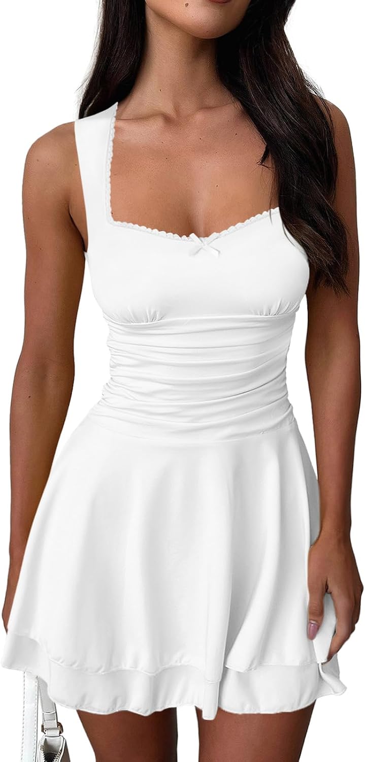 MIYIEONZ Summer Corset Mini Dress for Women Sexy Short Dresses | Lace,Bow,Square Neck,Ruched,Sleeveless,Layered Ruffle,Slim,Mini Dresses,Cute Trendy Spring,Vacation Cocktail Concert Sundress