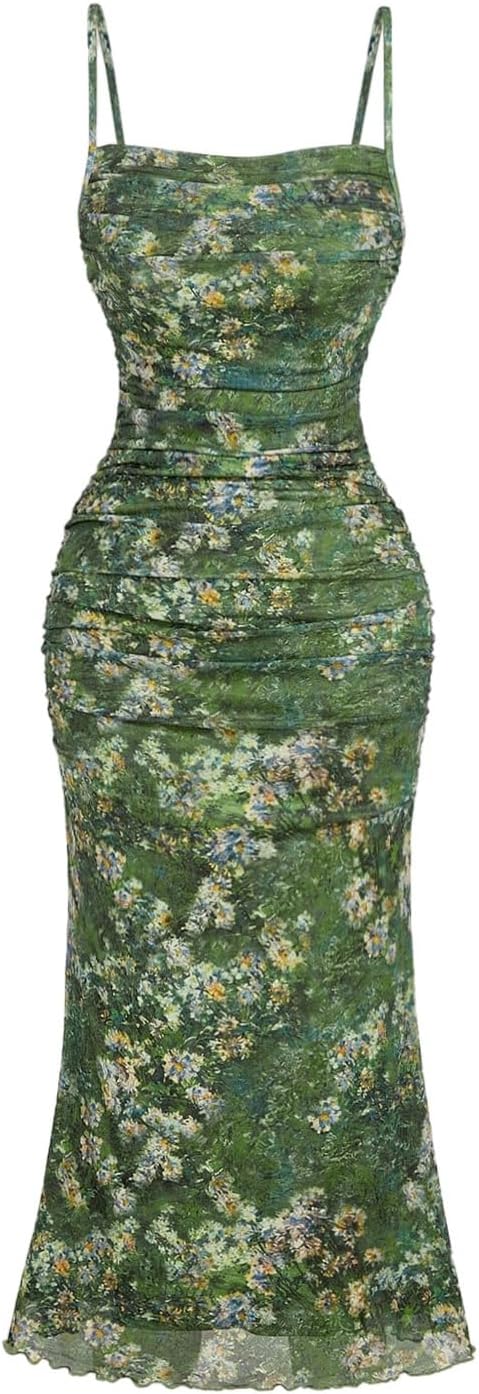 GORGLITTER Women's Floral Wedding Guest Bridal Shower Summer Midi Dresses | Tea Party, Baby Shower, Cocktail Dress, Ruched, Dresses for Women, Sundresses