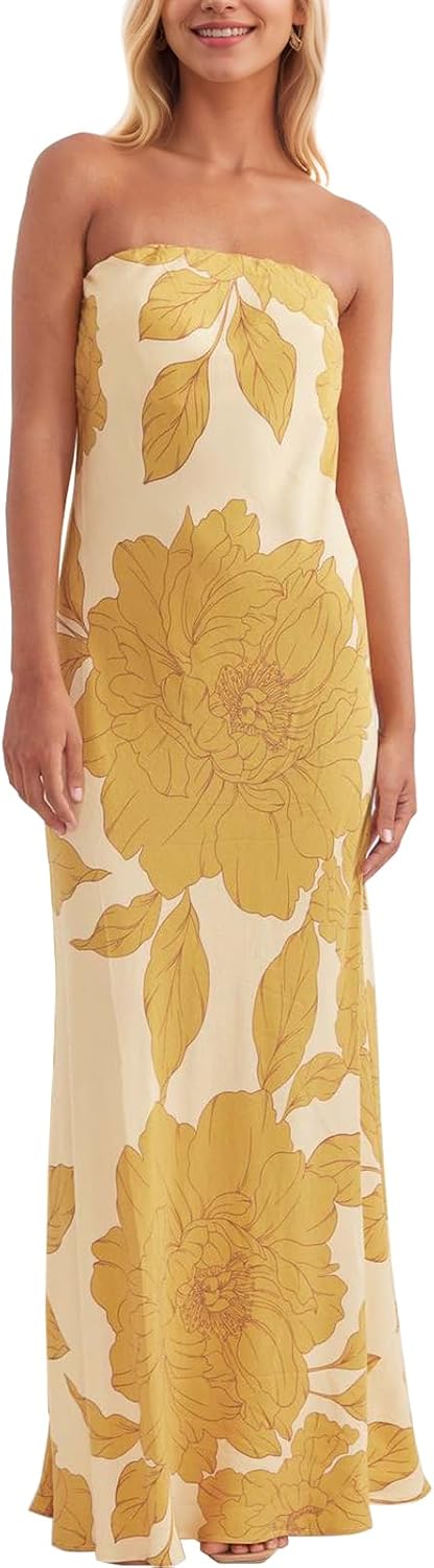 ACOSAP Women Y2k Strapless Maxi Dress Summer Backless Floral Long Tube Dress Off Shoulder Cocktail Party Dress