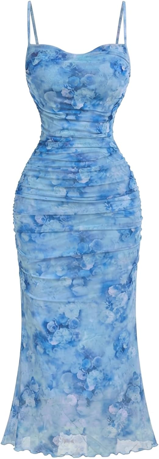 GORGLITTER Women's Floral Wedding Guest Bridal Shower Summer Midi Dresses | Tea Party, Baby Shower, Cocktail Dress, Ruched, Dresses for Women, Sundresses