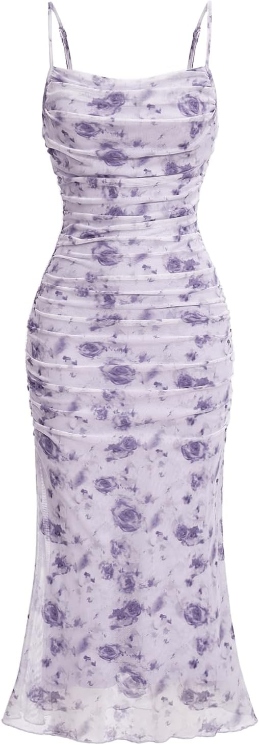 GORGLITTER Women's Floral Wedding Guest Bridal Shower Summer Midi Dresses | Tea Party, Baby Shower, Cocktail Dress, Ruched, Dresses for Women, Sundresses