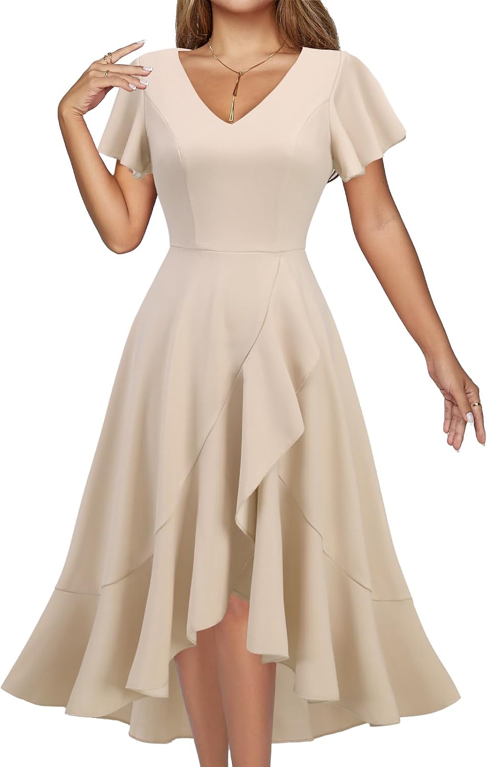 DRESSTELLS Women's Cocktail Dresses 2026, Formal Fall Wedding Guest Dress | A-Line, Hi Low Fit and Flare Midi Dress for Teacher Party Homecoming, Bridesmaid Evening Gown, V-Neck, Ruffle Sleeve