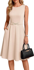 GRACE KARIN Work Business Midi Flowy Sleeveless Dresses for Women | A Line,Belted,Collar Neck,Knee Length,with Pockets Zipper,Business Causal,Office,Church,Funeral,Cocktail,Wedding,Professional