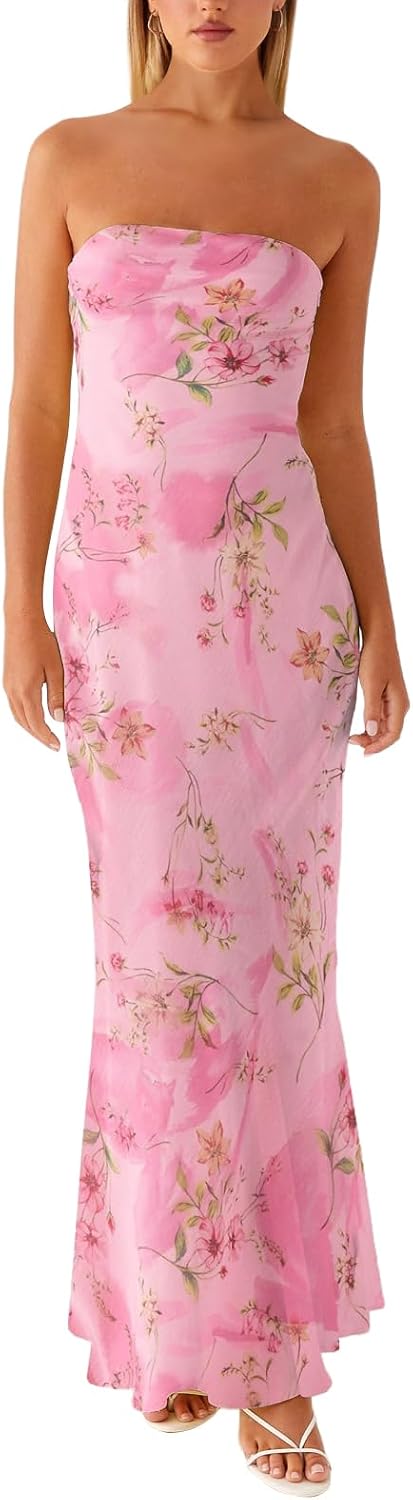 ACOSAP Women Y2k Strapless Maxi Dress Summer Backless Floral Long Tube Dress Off Shoulder Cocktail Party Dress
