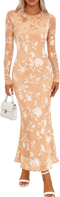 MEROKEETY Womens Fall Velvet Formal Wedding Guest Maxi Dress | Bodycon, Floral, Long Sleeve, Mesh, Round Neck, Formal Cocktail Party Birthday Club Date Night Prom, 2026 Winter Dress