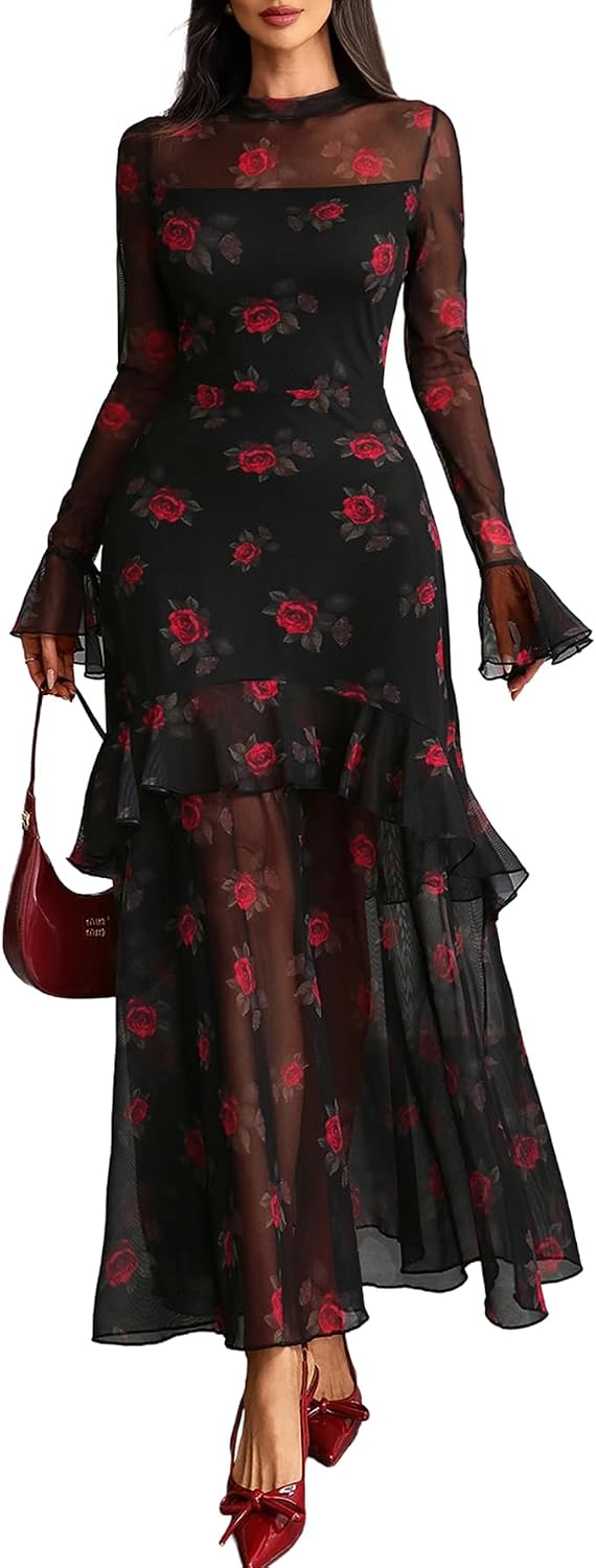 GothDark Women Floral Maxi Dress Bell Sleeve Party Wedding Guest Dresses | Floral Mesh, Tiered Ruffle, Fall Long Sleeve, Casual, Elegant, Date Night, Cocktail, Dinner & Evening Dress