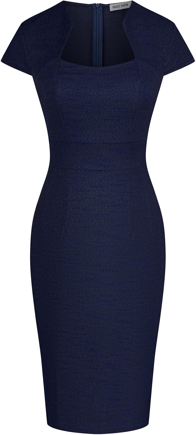 GRACE KARIN Work Dresses for Women Tweed Pencil Dress | Cap sleeve, Knee-length, Zipper back, Sweetheart neck, Stretch fabric, Formal office work business sheath dress