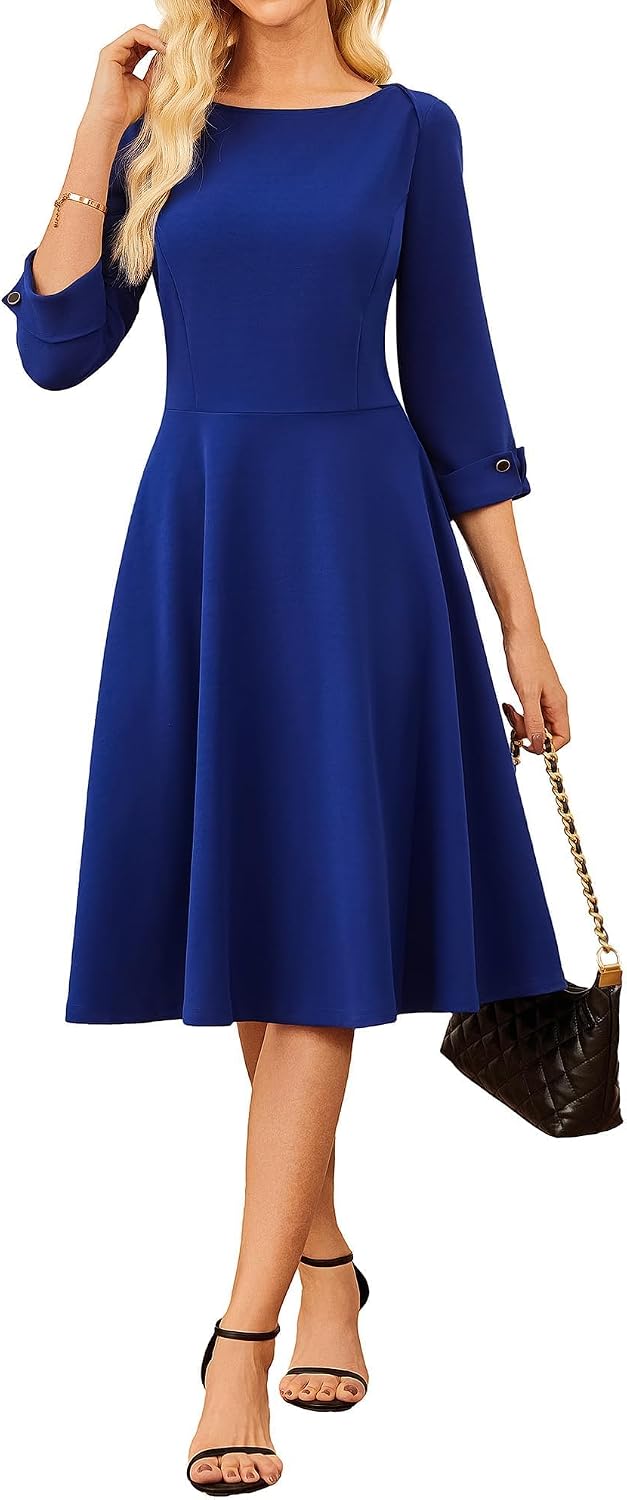 GRACE KARIN Work Dresses for Women Fit and Flare Midi Dress | Side Pockets,3\/4 Sleeve,Crew Neck A Line,2026 Business Classy Office Dresses, Church\/Work Graducation Outfits\/Professional