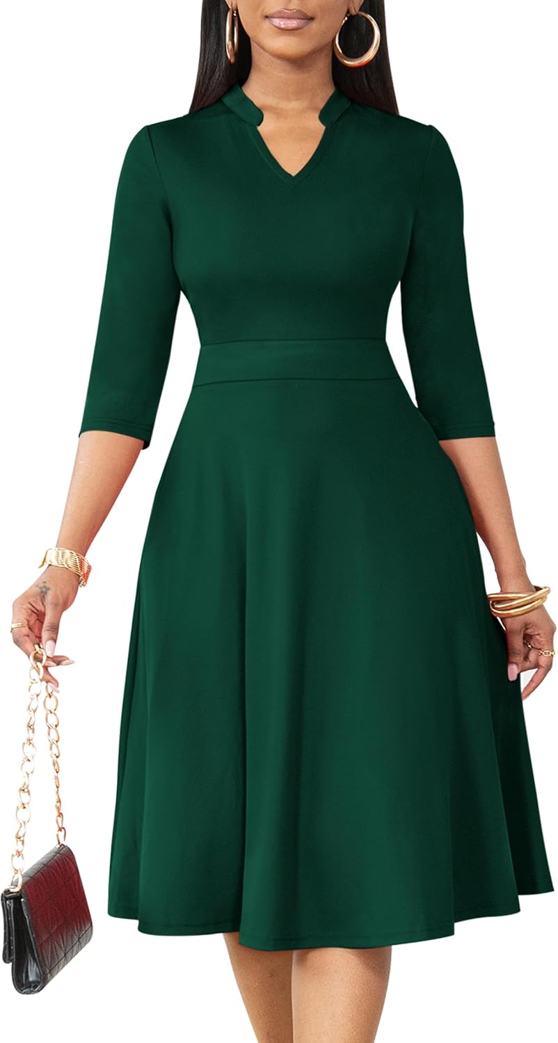 Nmoder Casual Dresses for Women Stand Collar Church Fit and Flare Dress | A-line fit with elegant stand collar, hidden pockets and zipper, ideal for work cocktail wedding guest