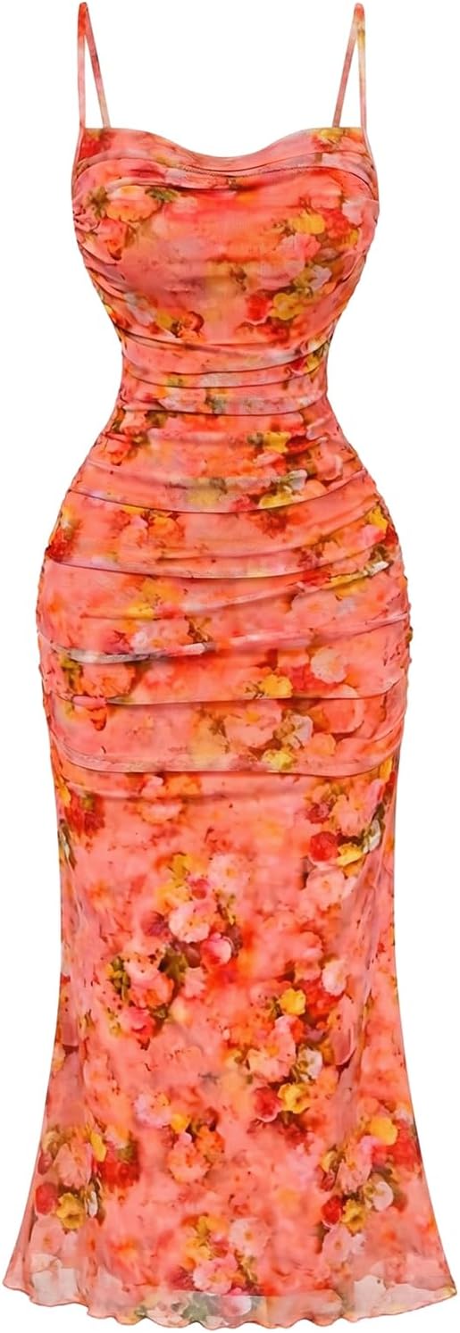 GORGLITTER Women's Floral Wedding Guest Bridal Shower Summer Midi Dresses | Tea Party, Baby Shower, Cocktail Dress, Ruched, Dresses for Women, Sundresses