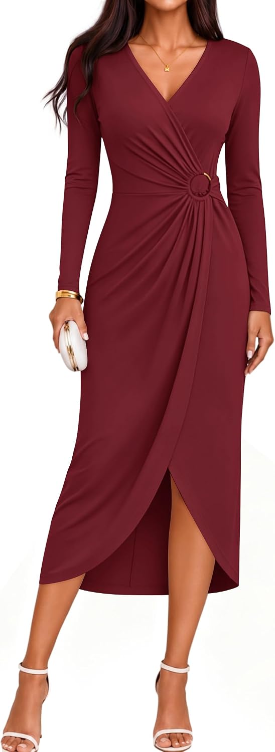 ZESICA Women's Fall Long Sleeve Wrap Bodycon Cocktail Party Dresses | Deep V Neck, Ruched Midi Dress, Formal Wedding Guest, Rehearsal Dinner, Date Night, Birthday Holiday, Bridal Shower