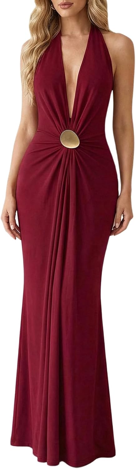 OYOANGLE Women's Halter Maxi Dress Deep V Neck Sexy Wedding Guest Dresses | Cocktail Dress, Formal Dresses, Beach Dress, Vacation Dress, Date Night Long Dress, Backless