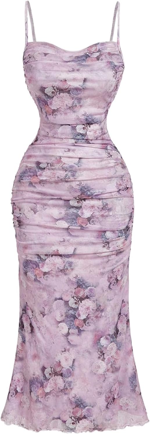 GORGLITTER Women's Floral Wedding Guest Bridal Shower Summer Midi Dresses | Tea Party, Baby Shower, Cocktail Dress, Ruched, Dresses for Women, Sundresses