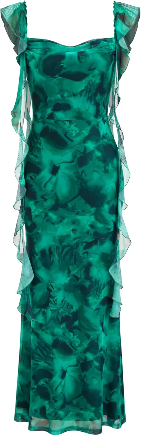 CIDER Women's Wedding Guest Dress Sleeveless Mesh Ruffle Maxi Formal Dress | Stretchy Tie Back, Summer Fall Wedding, Baby Shower, Cocktail, Vacation, Bodycon Elegant Outfits