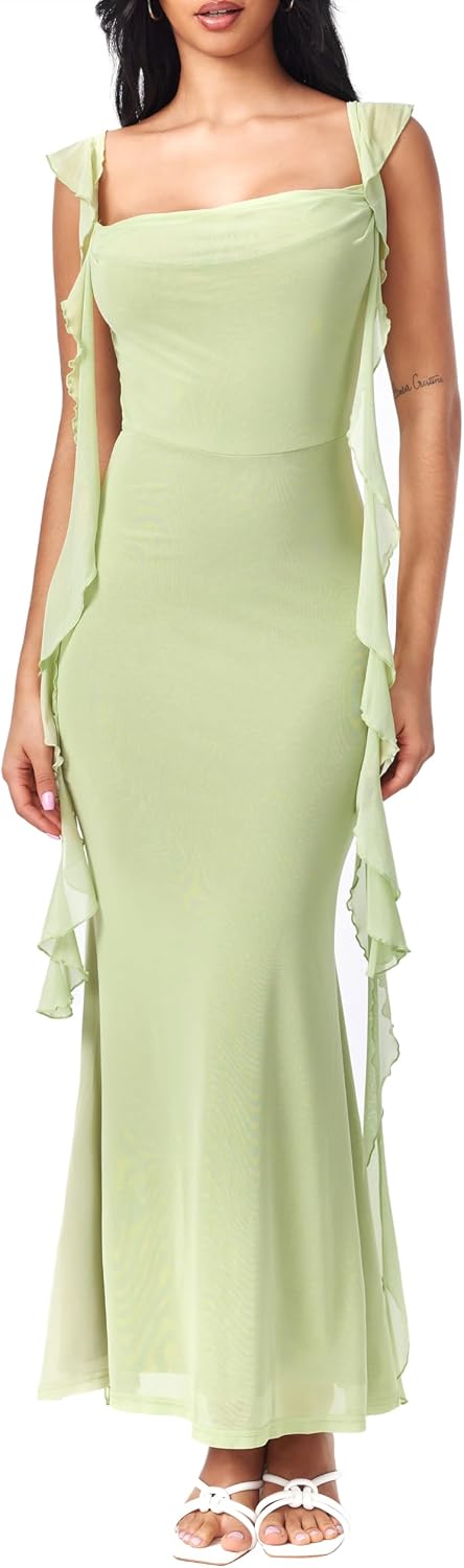 CIDER Women's Wedding Guest Dress Sleeveless Mesh Ruffle Maxi Formal Dress | Stretchy Tie Back, Summer Fall Wedding, Baby Shower, Cocktail, Vacation, Bodycon Elegant Outfits