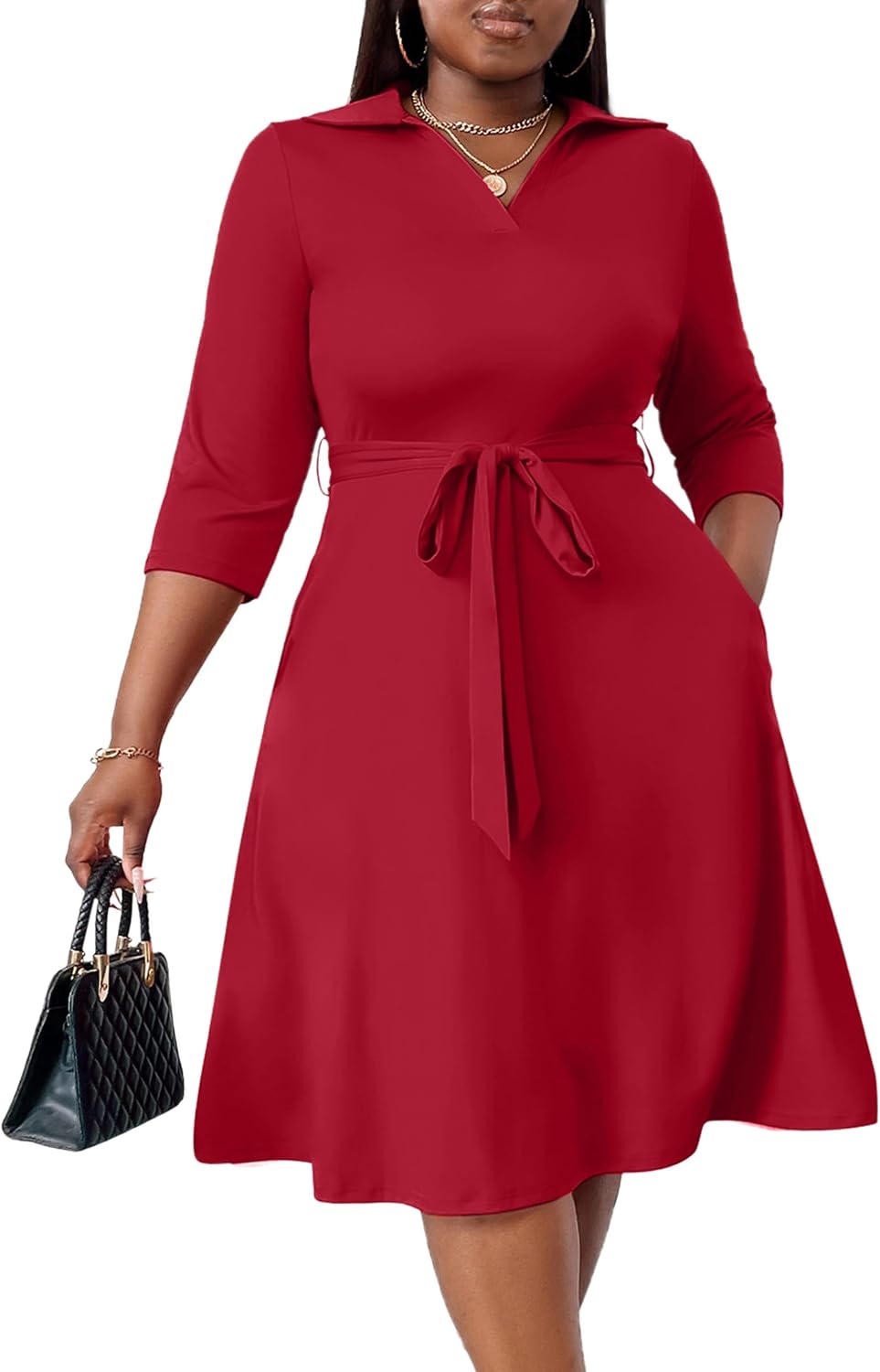 FANDEE Plus Size Midi Dress for Women Casual - Fit and Flare Summer Dresses | Semi Formal,African Print,Polo Collar Cocktail Dress,With Pockets And Belt