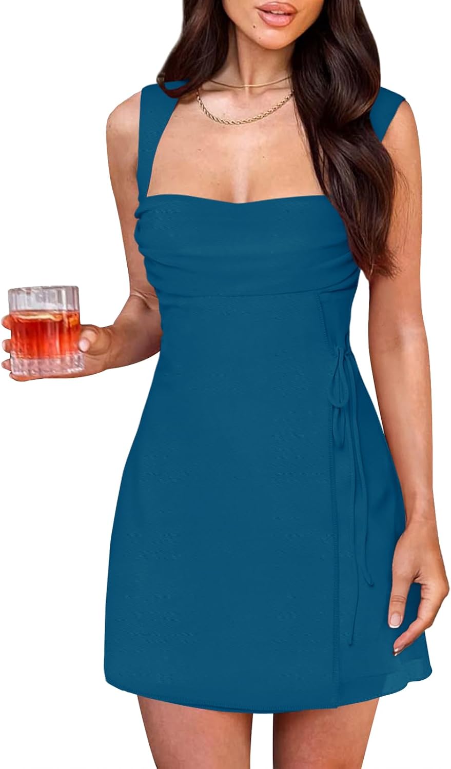 MIYIEONZ Summer Mini Dresses for Women Formal Short Cocktail Dress | Mesh,Sleeveless,Square Neck,Wrap Tie,Ruched,Ruffled,Bodycon Mini Dress,Sexy Y2K Cute,Spring,Hoco,Party,Wedding Guest Outfits