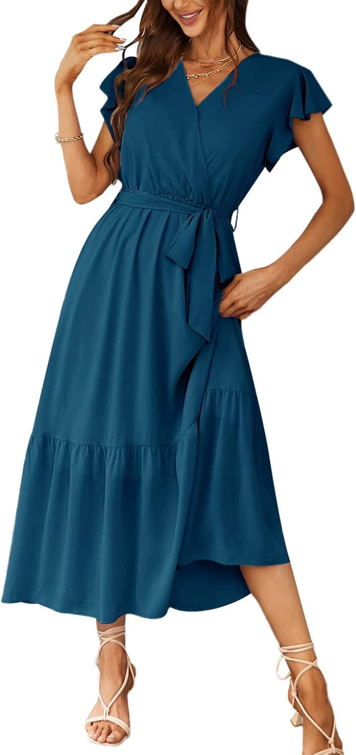 PRETTYGARDEN Women's Summer Floral Boho Maxi Dress | Short Sleeve Wrap V Neck, Long Flowy Ruffle Dresses, Spring Wedding Guest Outfits for Beach Vacation, Resort Wear, Tea Party