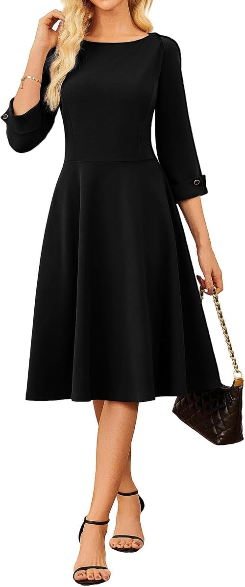 Crew-Neck 3/4-Sleeve A-Line Midi Dress in Black