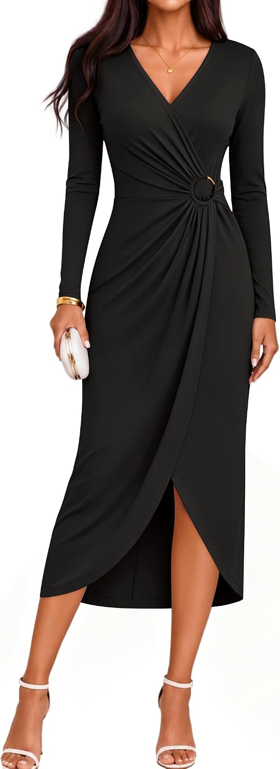 ZESICA Women's Fall Long Sleeve Wrap Bodycon Cocktail Party Dresses | Deep V Neck, Ruched Midi Dress, Formal Wedding Guest, Rehearsal Dinner, Date Night, Birthday Holiday, Bridal Shower