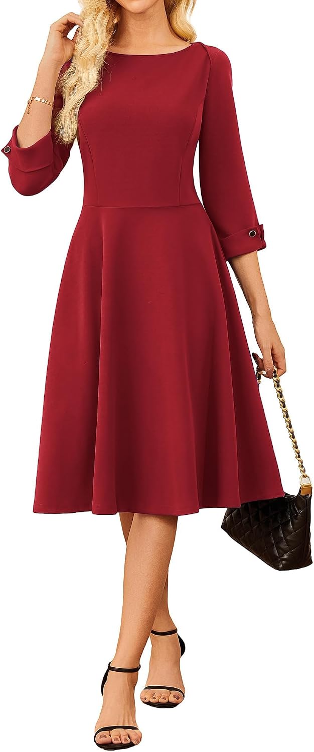 GRACE KARIN Work Dresses for Women Fit and Flare Midi Dress | Side Pockets,3\/4 Sleeve,Crew Neck A Line,2026 Business Classy Office Dresses, Church\/Work Graducation Outfits\/Professional