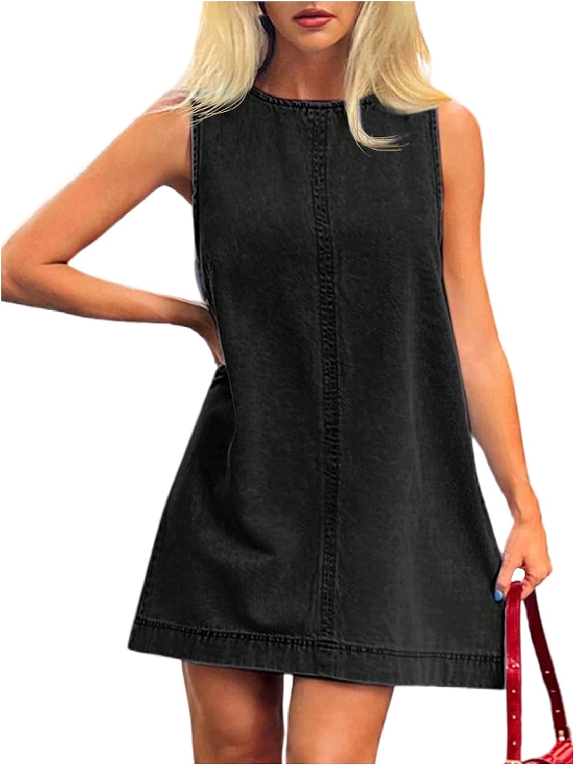 Milumia Women's Crew Neck Sleeveless Jean Denim Mini Dress Concert Outfits | Western, Loose Fit, A-Line, Short Dresses, Summer, Spring, Casual, Country Concert, Cowgirl Outfits