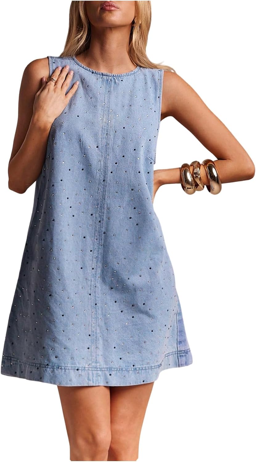 Milumia Women's Crew Neck Sleeveless Jean Denim Mini Dress Concert Outfits | Western, Loose Fit, A-Line, Short Dresses, Summer, Spring, Casual, Country Concert, Cowgirl Outfits